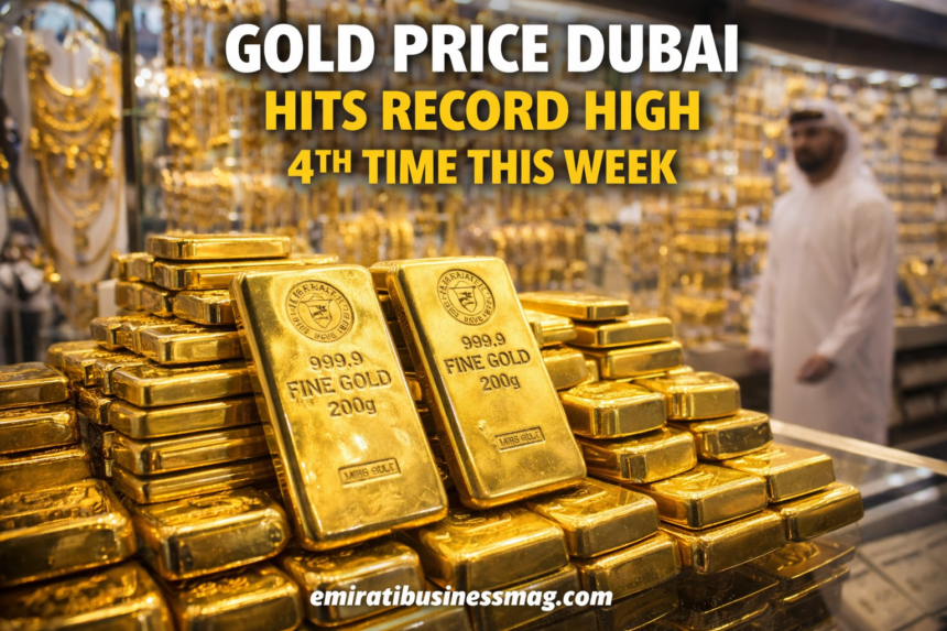 Gold bars and coins showing record high gold price Dubai in January 2026
